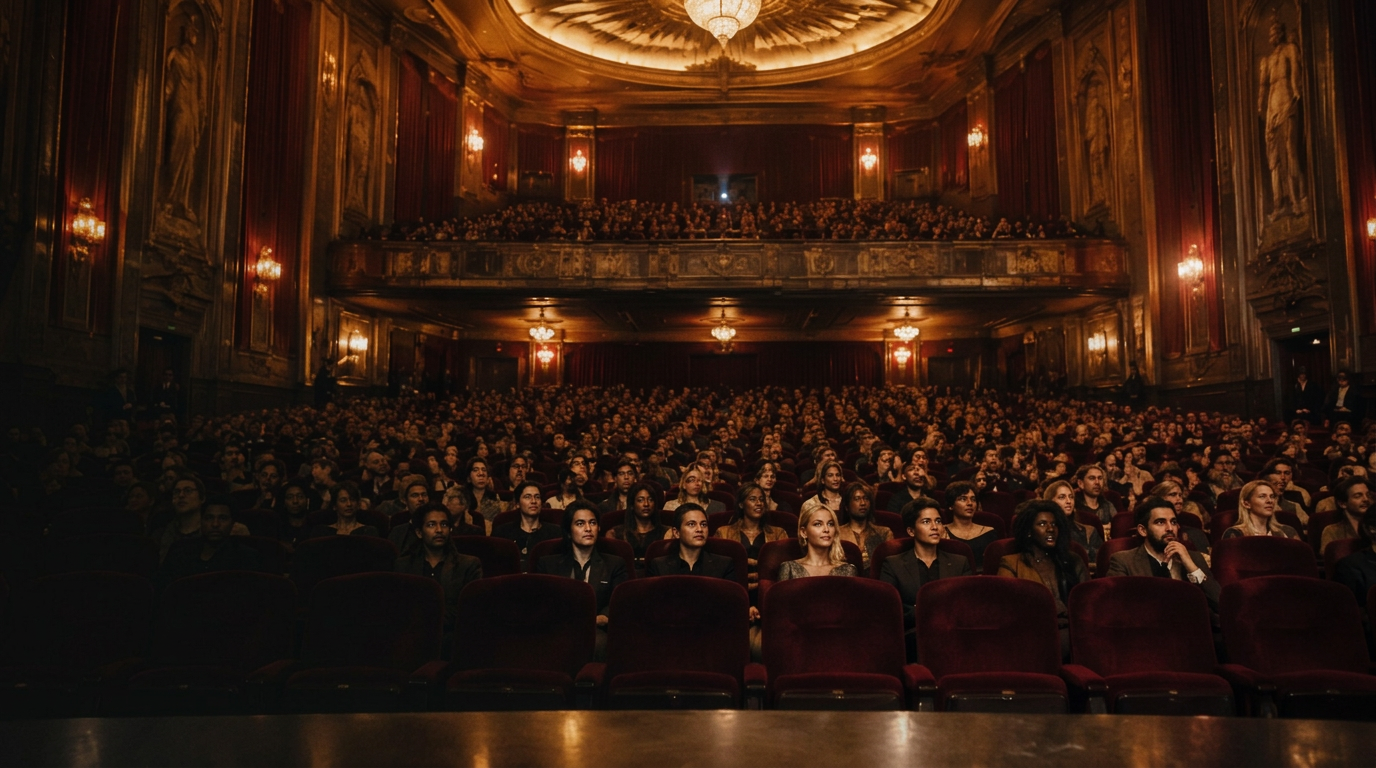 A full audience seated in a grand theatre — illustrative editorial imagery